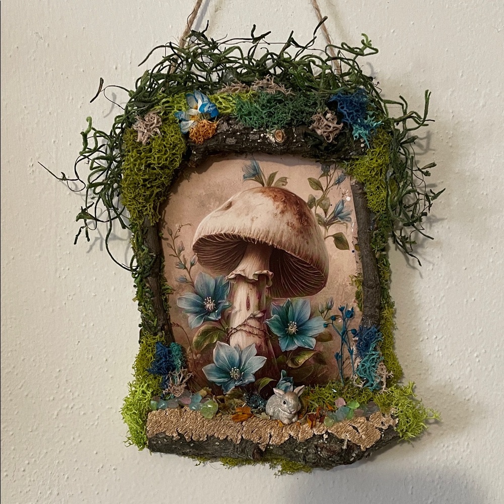 Rustic Mushroom handcrafted border Wall decor Blue Flowers bunny moss nature